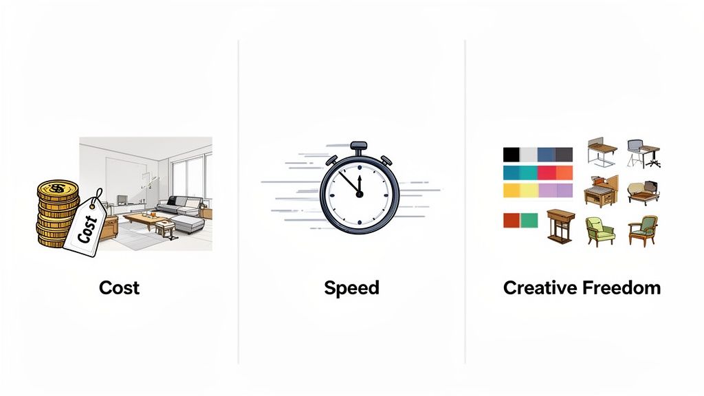 Three panels illustrating cost, speed, and creative freedom in virtual staging and interior design.