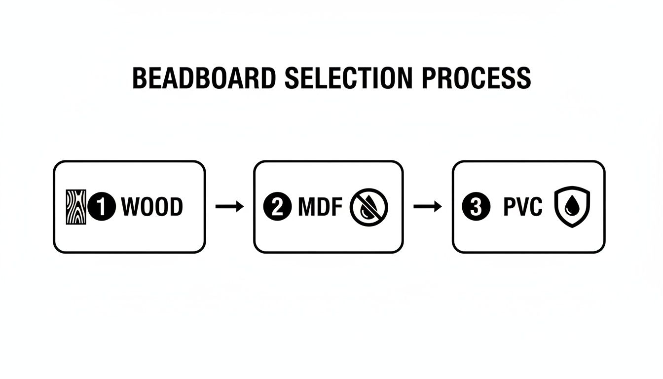 Flowchart showing beadboard selection process: 1 Wood, 2 MDF (not waterproof), 3 PVC (waterproof).