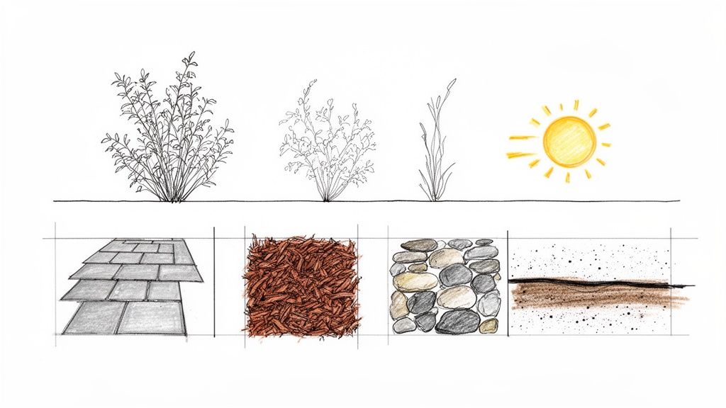Sketches of various landscape design elements: different plants, sun icon, paver walkway, wood mulch, river rocks, and soil.