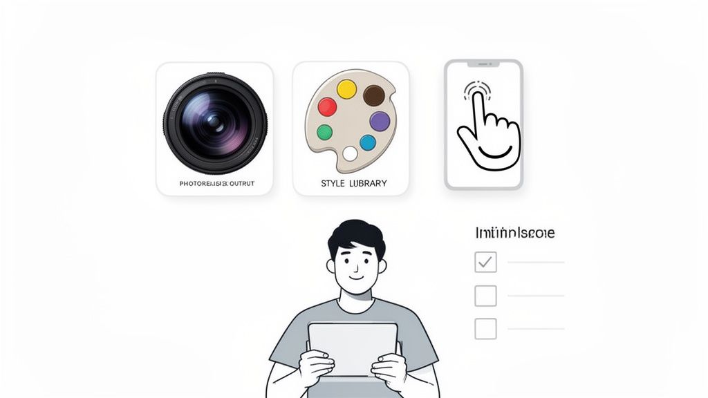 Creative workflow illustration with camera output, style library, smartphone interaction, and a man using a tablet.