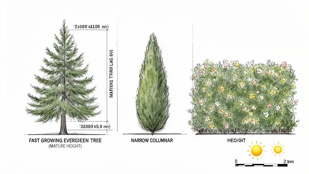 Illustrated guide to three different plant types: a fast-growing evergreen tree, narrow columnar plant, and flowering hedge.