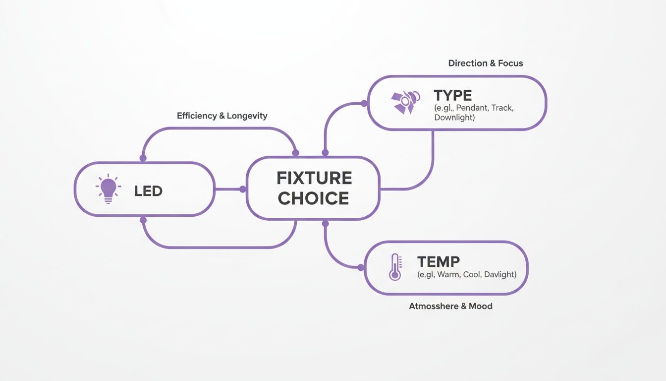 Flowchart detailing factors influencing lighting fixture choice, including LED, type, and temperature.