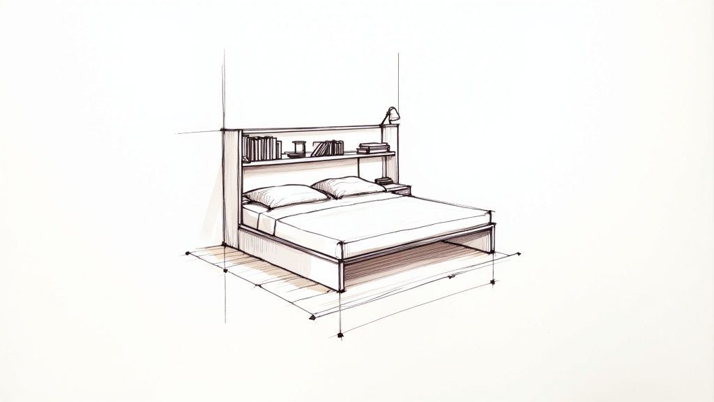 Detailed sketch of a modern bed featuring an integrated bookshelf headboard and side tables.