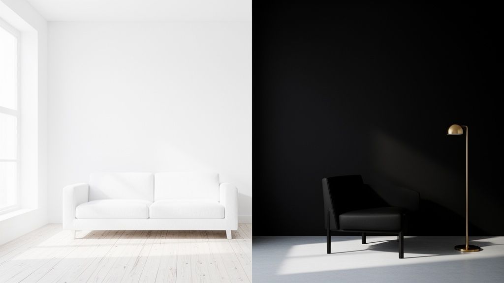 A split image showing contrasting rooms: a minimalist white living room and a dramatic black sitting area.