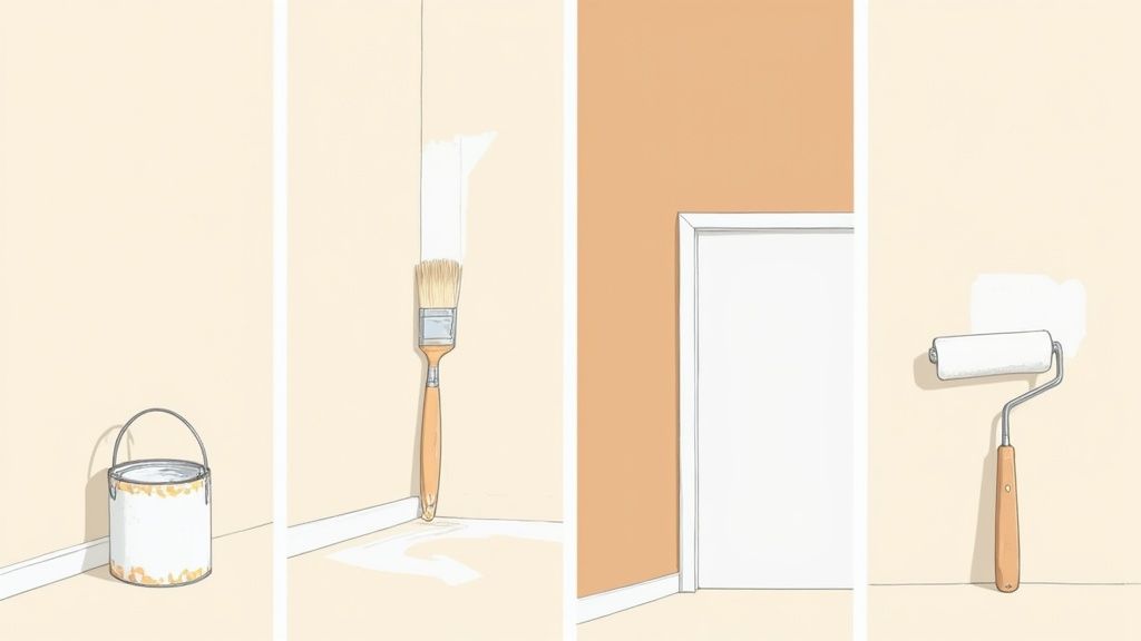 Illustration of painting a room, featuring a paint can, brush, roller, and brown walls with white trim.