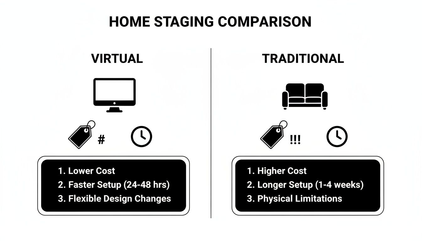 Comparison of virtual versus traditional home staging, detailing costs, setup time, and design flexibility.