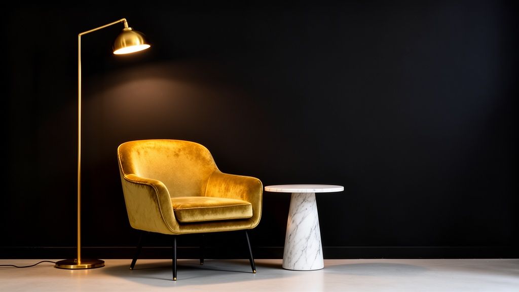 A stylish modern interior featuring a golden velvet armchair, brass floor lamp, and marble side table against a black wall.