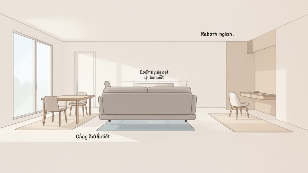 An open-plan, minimalist living space featuring a dining table, sofa, and a small desk nook.