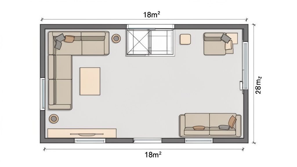 Top-down floor plan of a living room with an L-shaped sofa, rectangular sofa, coffee table, and windows.