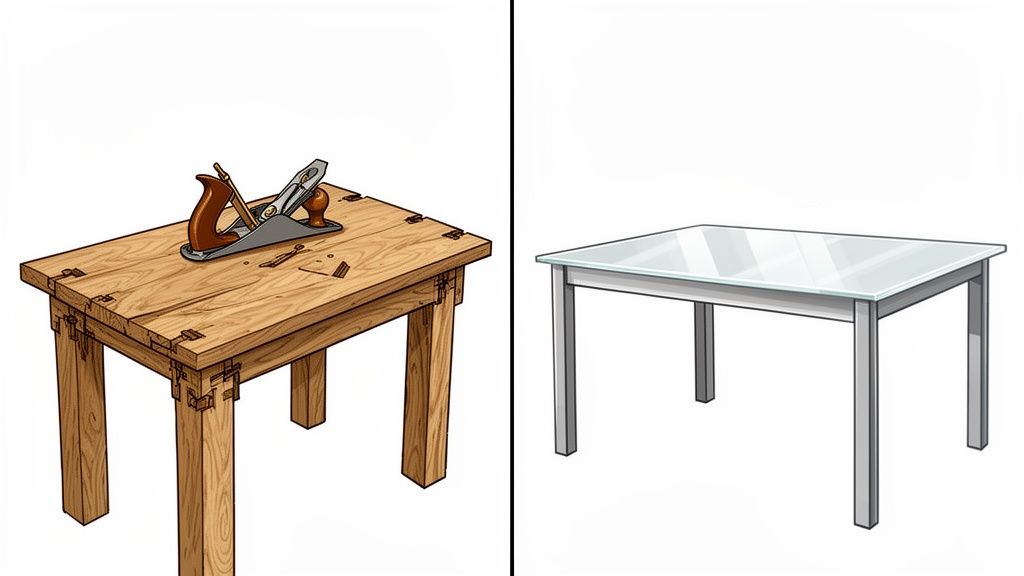 Two contrasting tables: a rustic wooden workbench with a hand plane and a modern glass-top table.