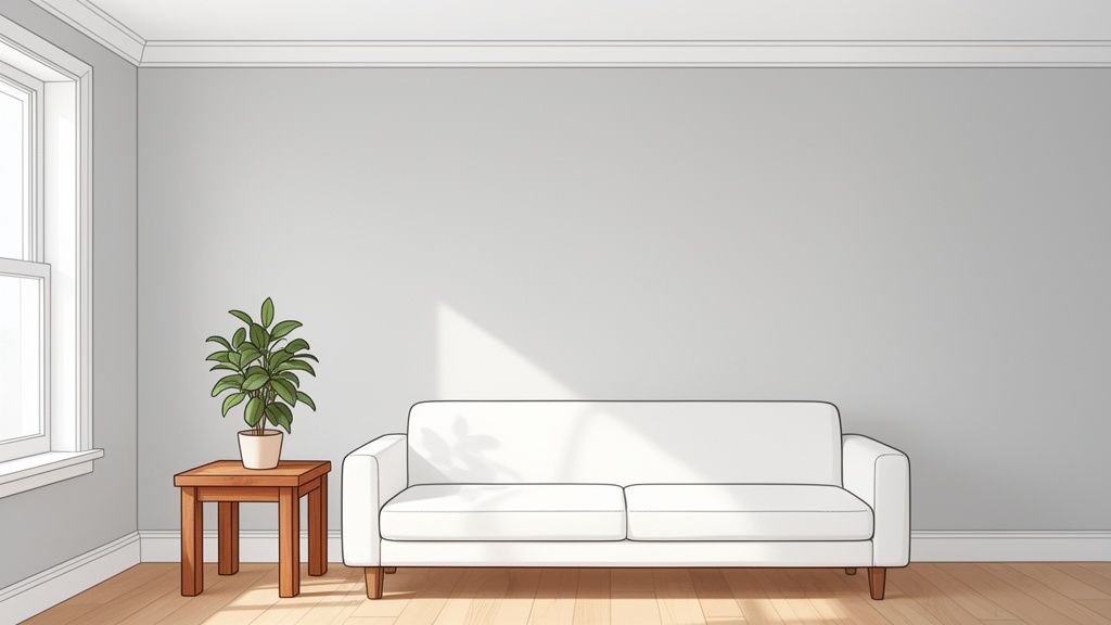 Minimalist gray living room featuring a white sofa, green plant on a wooden side table, and sunlit wood floor.