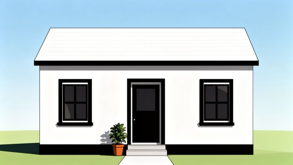 A simple white house with a black roof trim, black door, and two black-framed windows, with a potted plant.