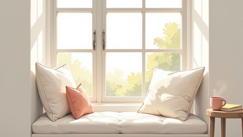 A bright and cozy window seat with cream and peach cushions, a book, and a steaming mug.