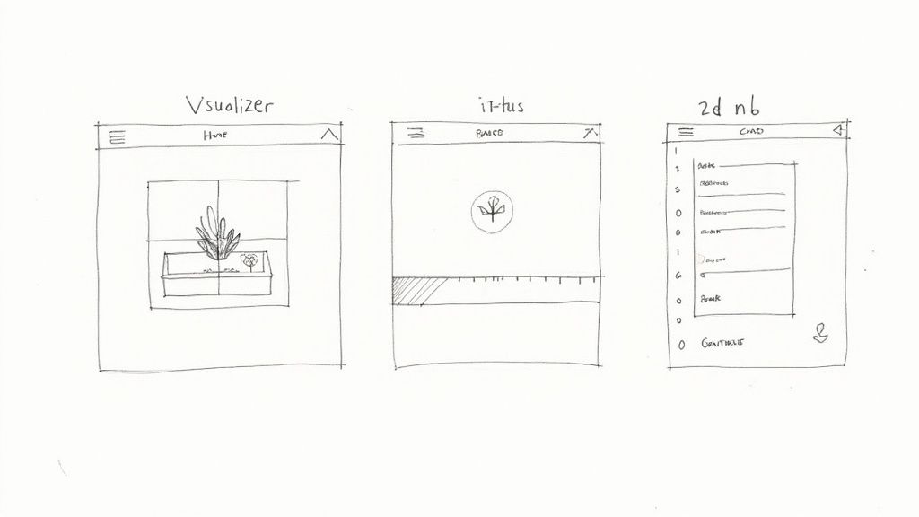 Hand-drawn wireframes for three mobile apps, possibly related to plant care or garden design.