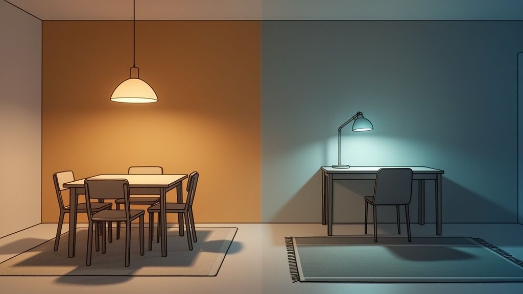 A room with a warm-lit dining area and a cool-lit desk setup, showing distinct zones.