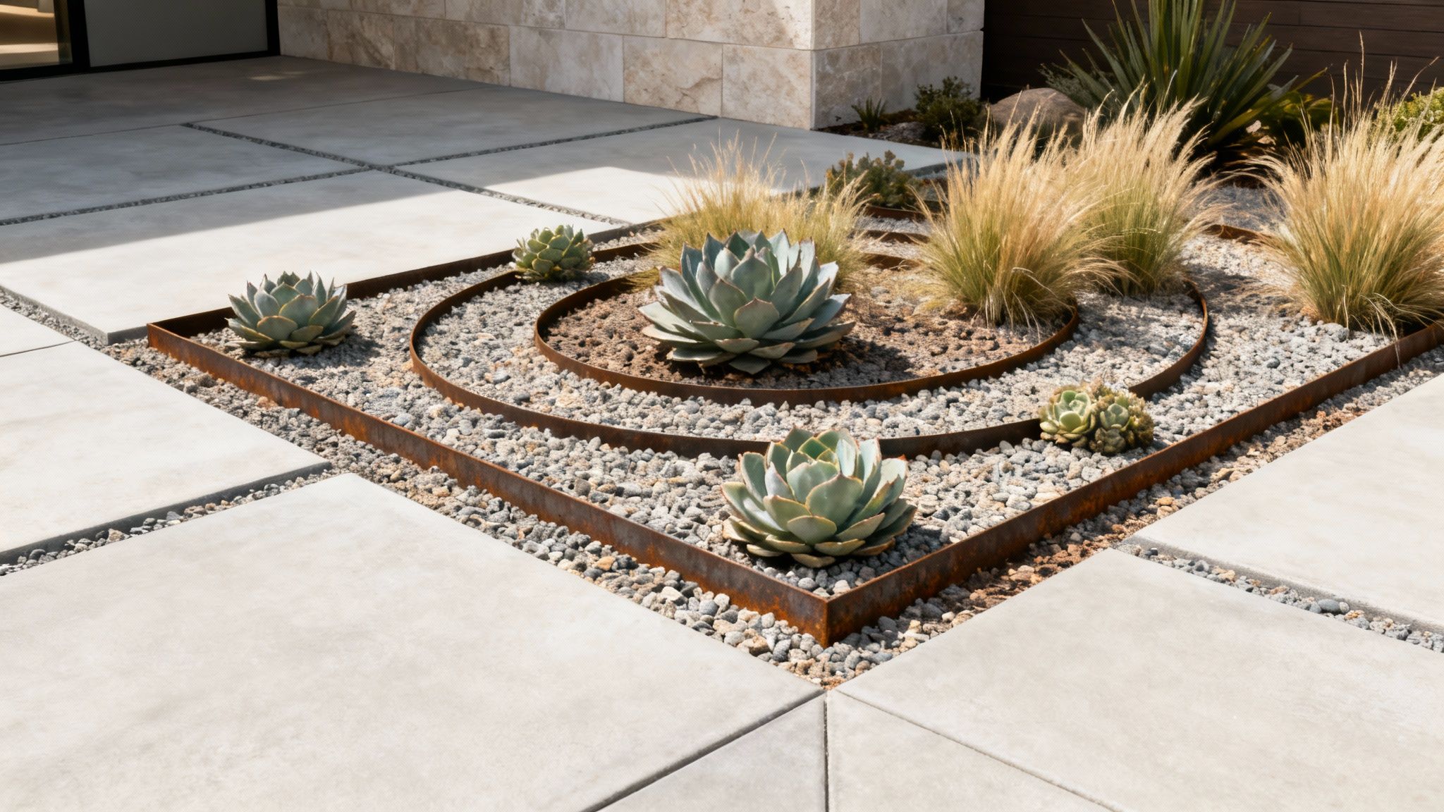 Modern landscaping with concrete pavers, gravel, rusty metal edging, succulents, and ornamental grasses.