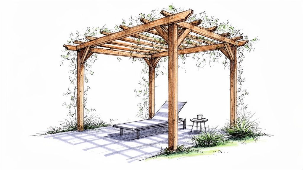 Architectural sketch of a wooden pergola with vines, a lounge chair, and side table on a patio.