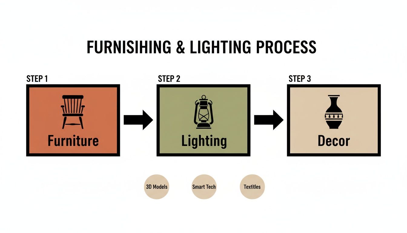Flowchart detailing the furnishing and lighting process: furniture, lighting, decor, 3D models, smart tech, textiles.