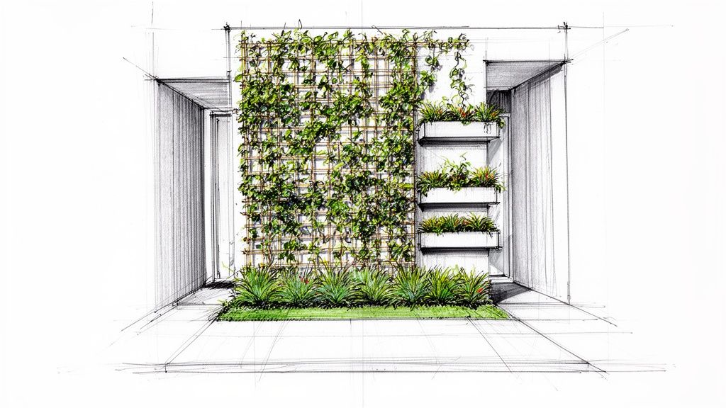 Hand-drawn architectural rendering showcasing a modern landscape with a large green wall and tiered planters.
