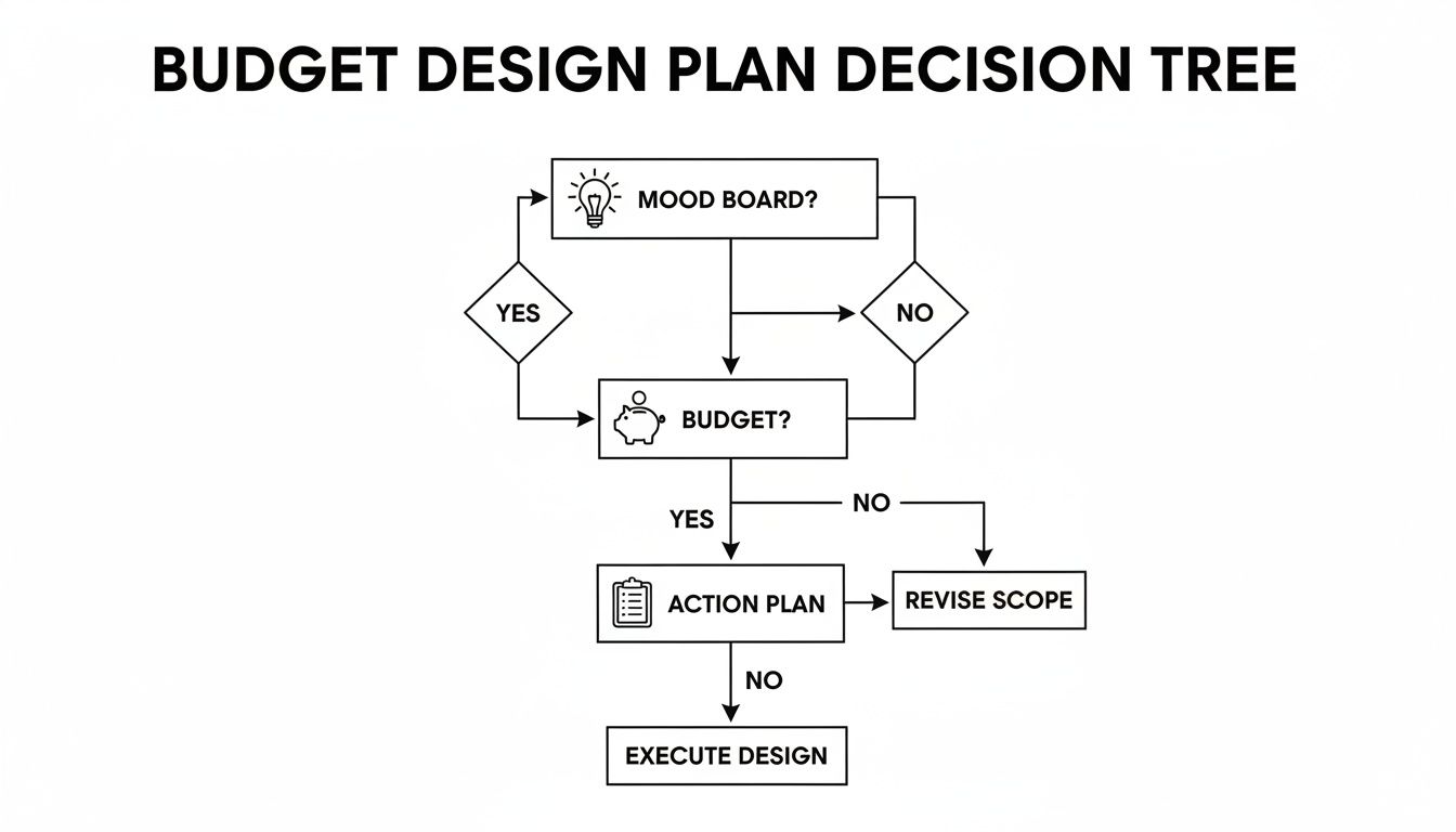 A flowchart illustrating a budget design plan decision tree, including steps for mood board, budget, action plan, and execution.