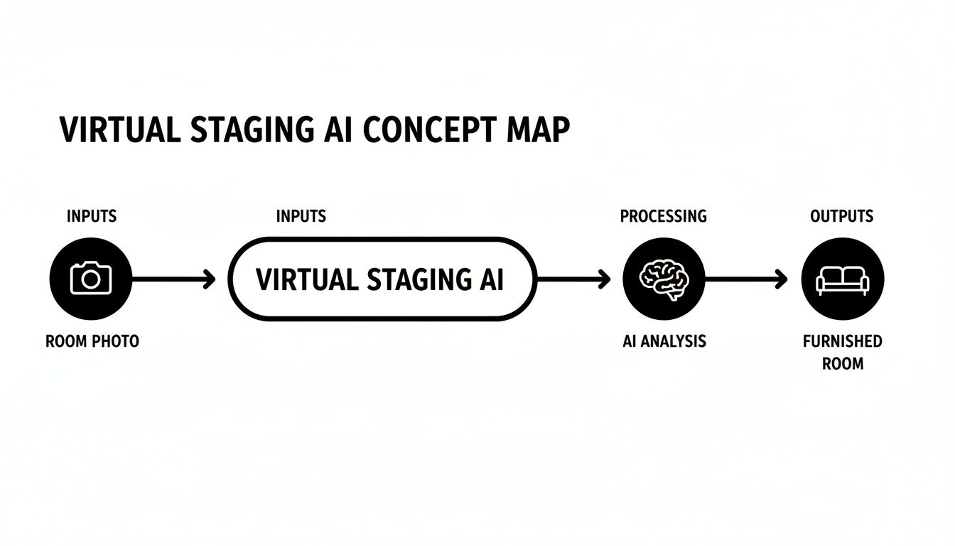 A concept map illustrating the Virtual Staging AI process from room photo input to a furnished room output.