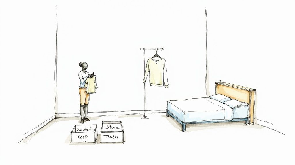 An illustration of a woman organizing her wardrobe by sorting clothes into different categories.