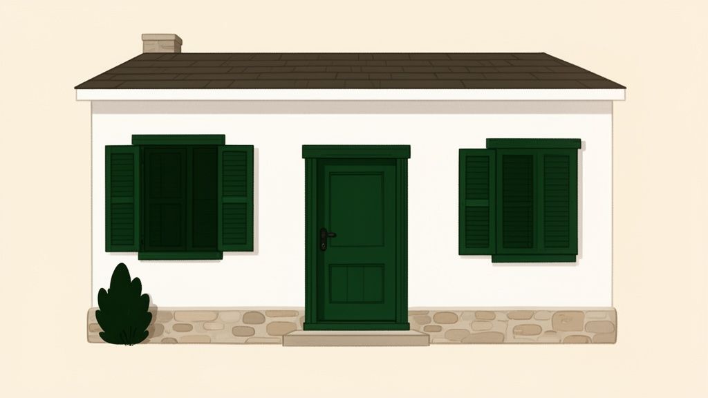 A charming white house features dark green trim around its windows and front door, with a stone base.