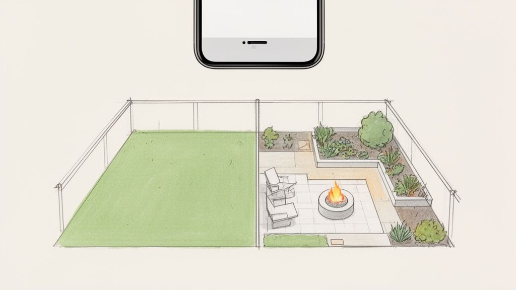 An overhead sketch shows a modern yard design with lawn, patio, fire pit, and plants, overseen by a smartphone.