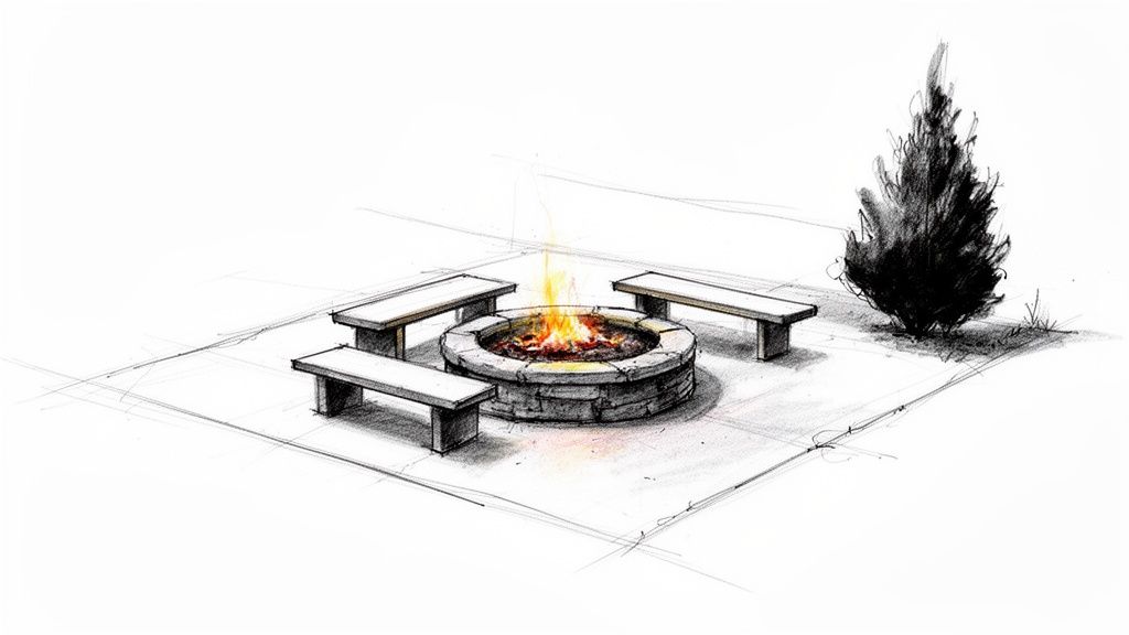Hand-drawn sketch of a backyard fire pit with stone surround, three wooden benches, and a small tree.
