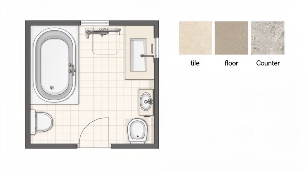 Overhead view of a small bathroom floor plan with tub, shower, toilet, and sink, plus material swatches.