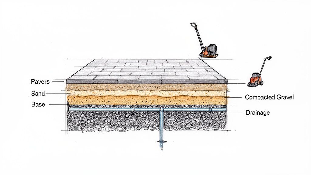 Detailed cross-section illustrating a paved patio's construction layers: pavers, sand, base, compacted gravel, and drainage system.