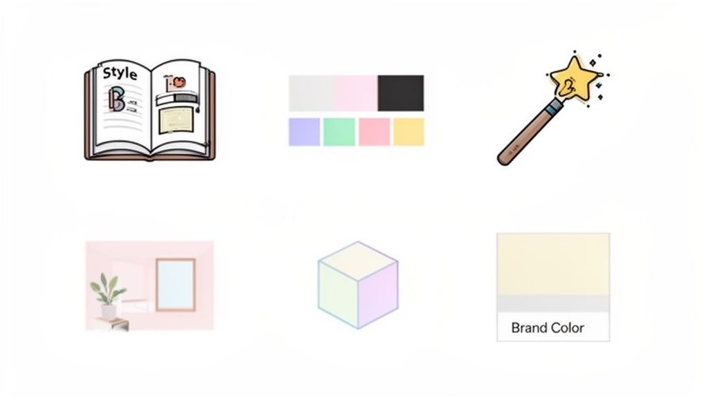 Collection of design icons: style book, color palettes, magic wand, room interior, 3D cube, and brand color.