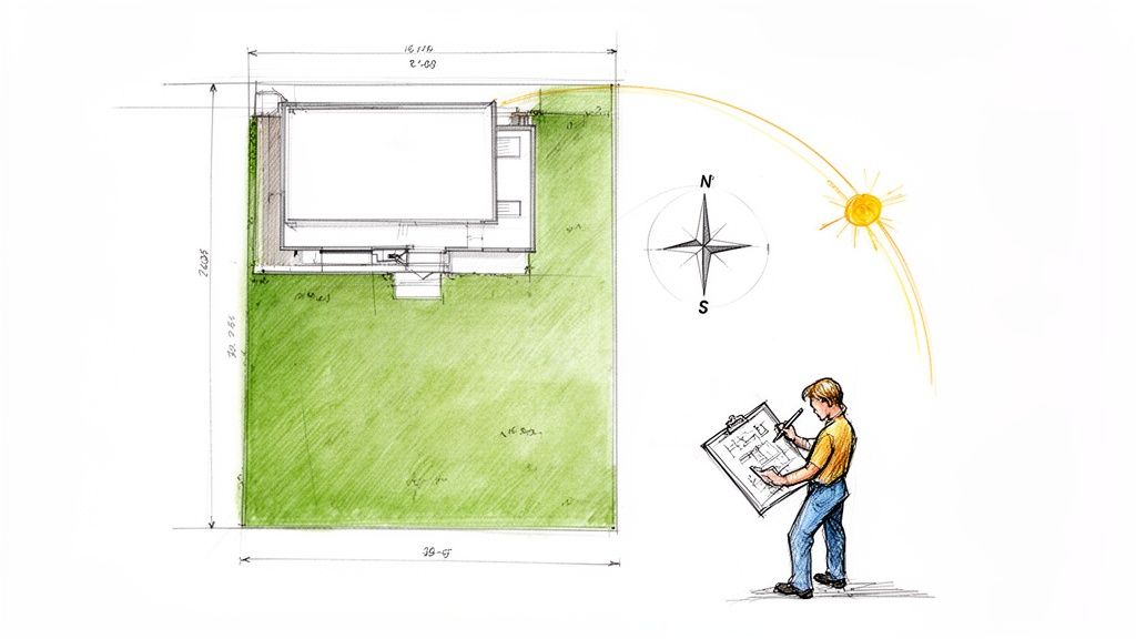 Architectural sketch of a house and landscape plan with dimensions, sun path, and a designer drawing.