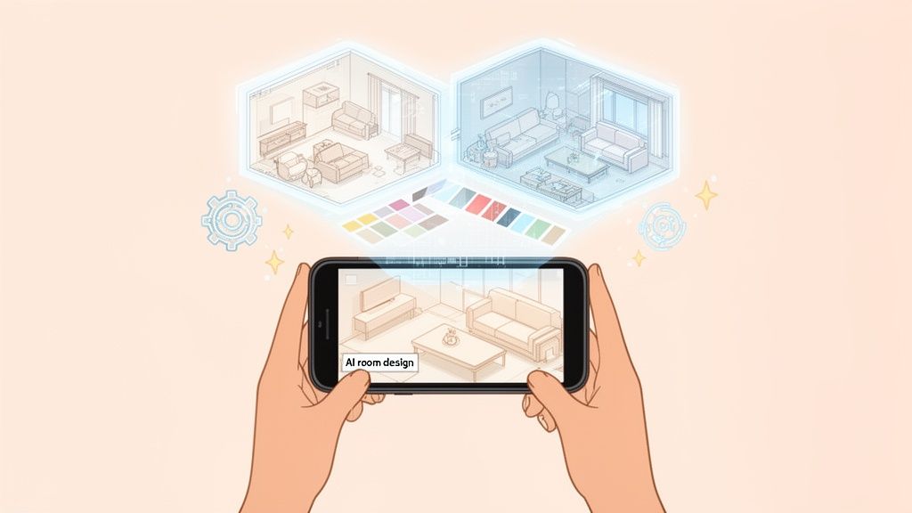 Hands hold a smartphone displaying AI room design, with two isometric room blueprints and color palettes above.