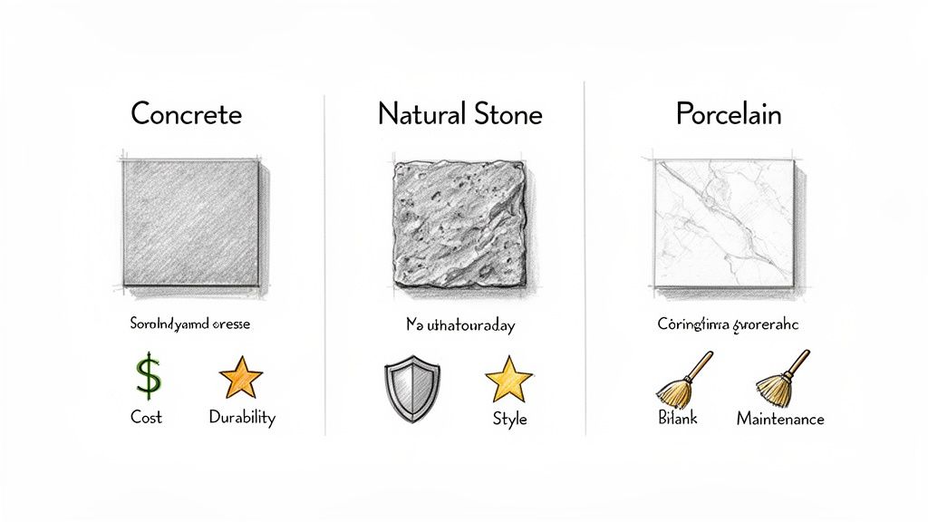 An infographic comparing concrete, natural stone, and porcelain pavers with their characteristics like cost and durability.