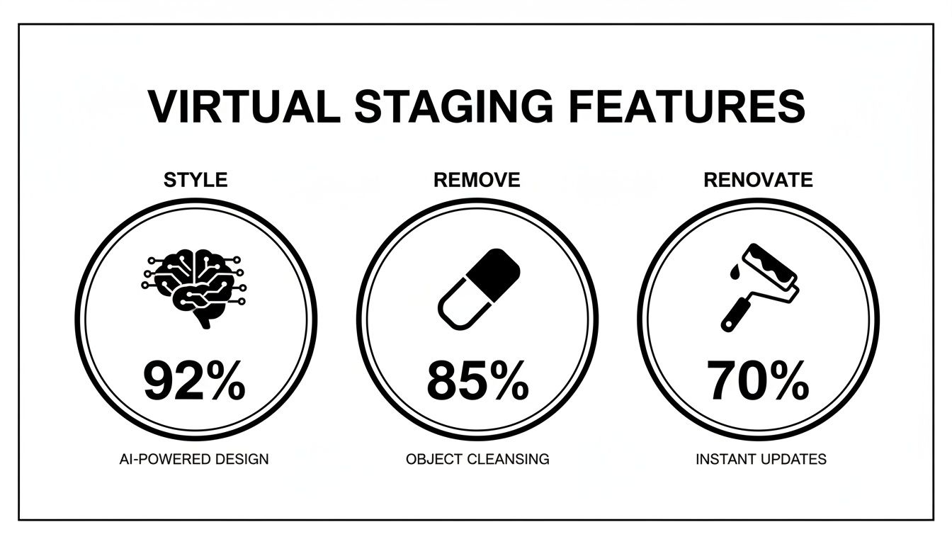Infographic detailing virtual staging software features: AI design, object removal, and instant renovations with their respective percentages.