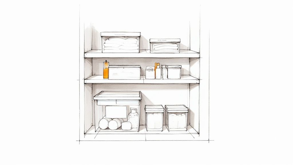 A hand-drawn sketch of a neatly organized white cabinet with three shelves holding various storage containers and linens.