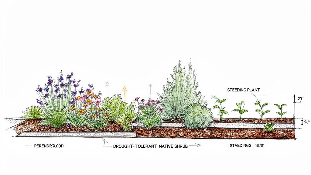 Hand-drawn illustration of a multi-tiered drought-tolerant garden design with various plants and labels.