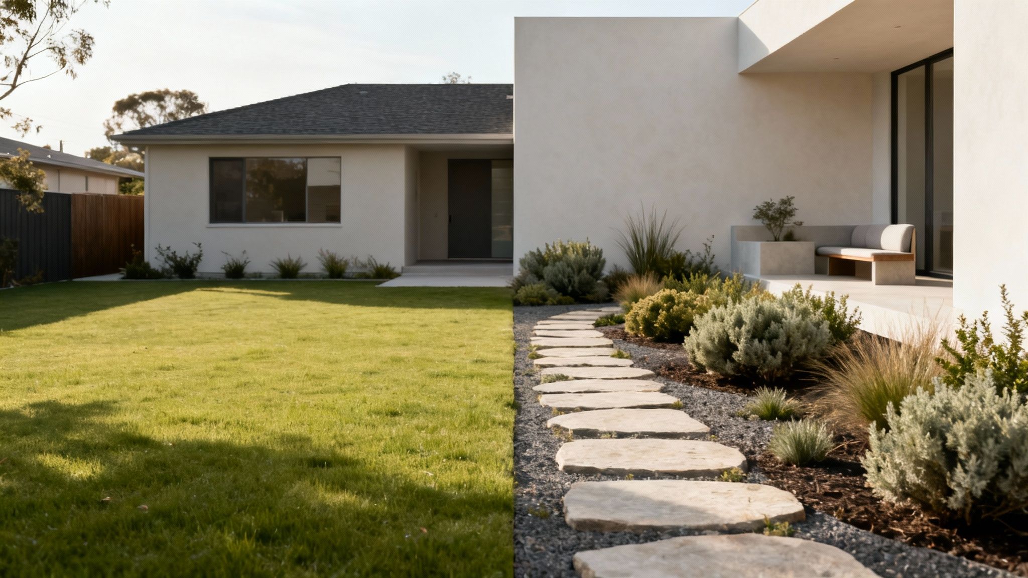 Modern house with split front yard: lush green lawn and drought-tolerant xeriscape garden with stone path.