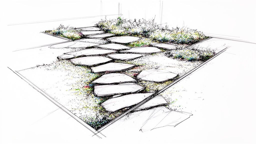 A detailed sketch of a winding garden path made of irregular stepping stones surrounded by lush greenery.
