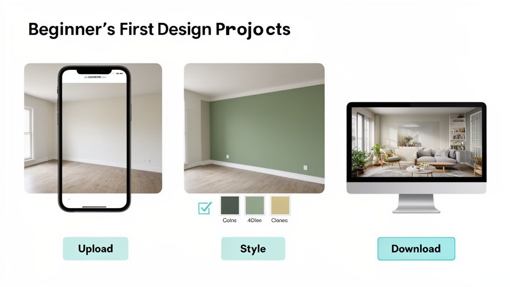 A graphic depicting a beginner's interior design software process: upload, style, and download a finished room.