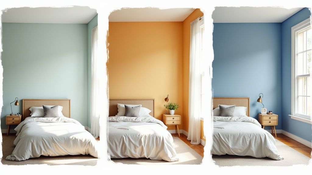 Three bedroom designs showcasing different wall paint colors: light green, orange, and blue, with beds and bedside tables.