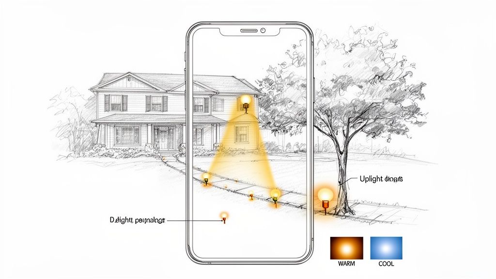 Smartphone showing augmented reality landscape lighting design on a house and yard with warm light.