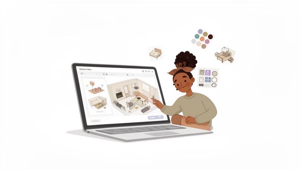 Illustration of a happy person using a laptop with interior design software, customizing a room layout.