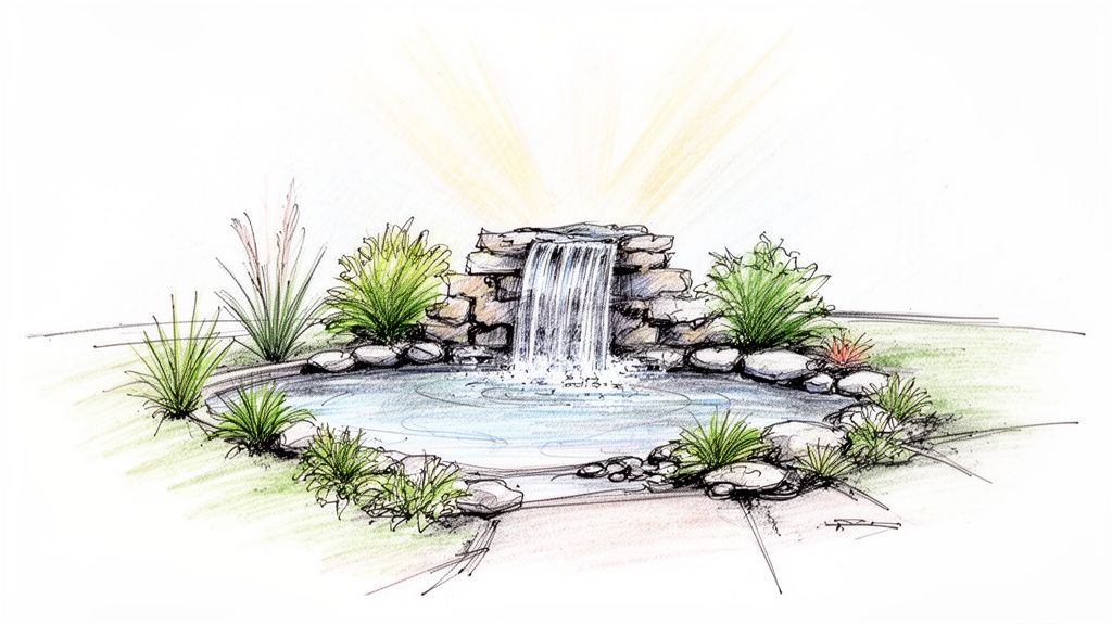 Hand-drawn sketch of a backyard pond with a stone waterfall, surrounded by lush green plants and a pathway.