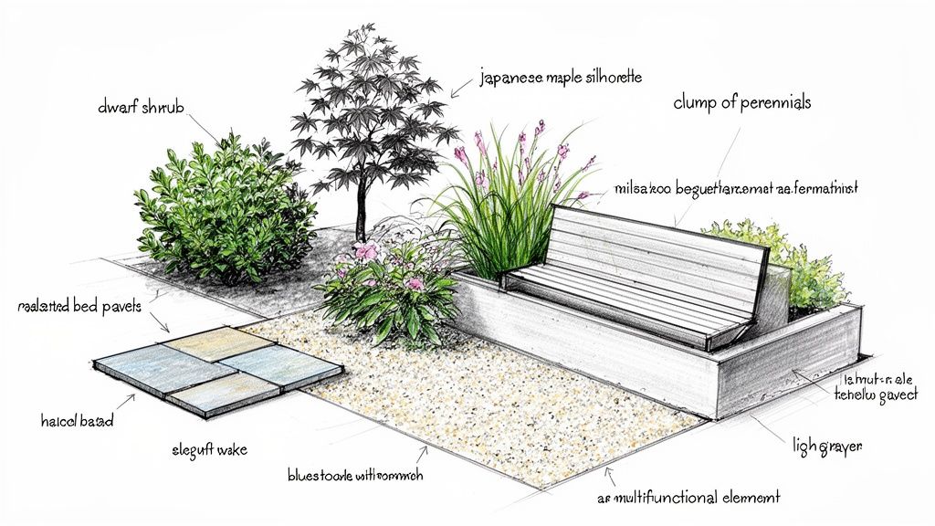 Sketch of a compact garden design with diverse plants, integrated bench, paved area, and gravel.