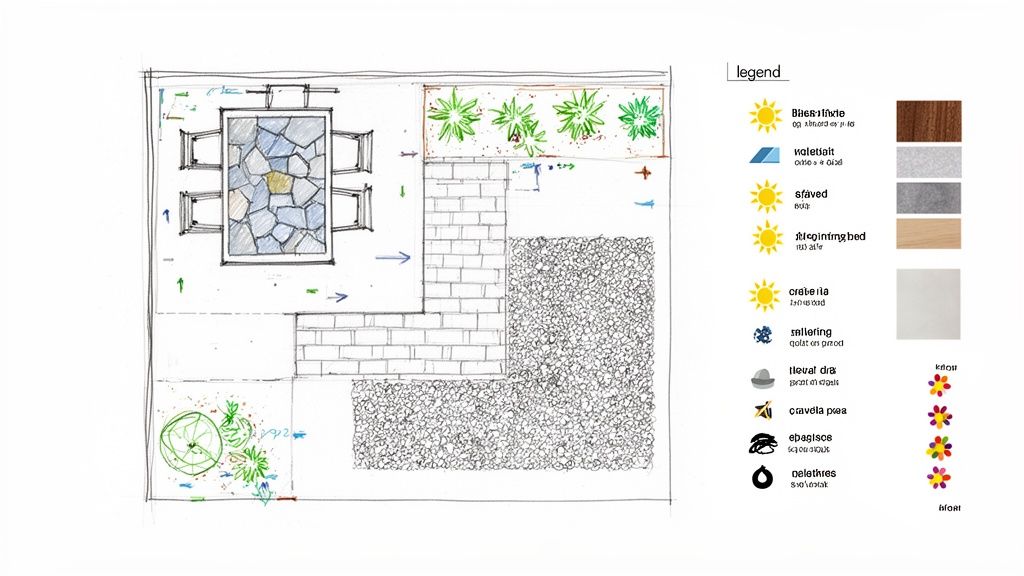 Hand-drawn landscape plan showing a backyard design with a patio, garden, and gravel area.