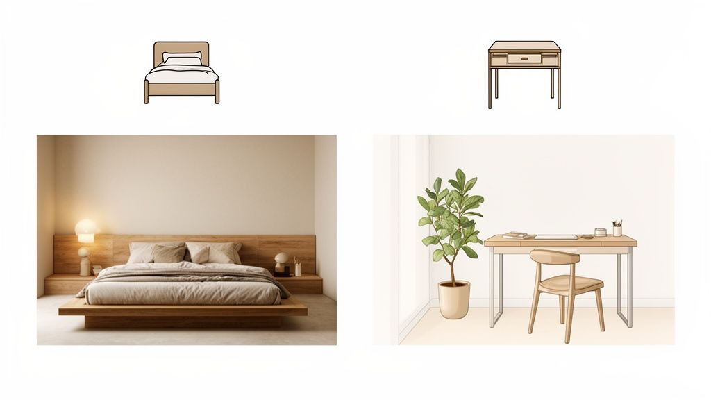 Illustrations of a bed and desk above photos of minimalist bedroom and home office designs.
