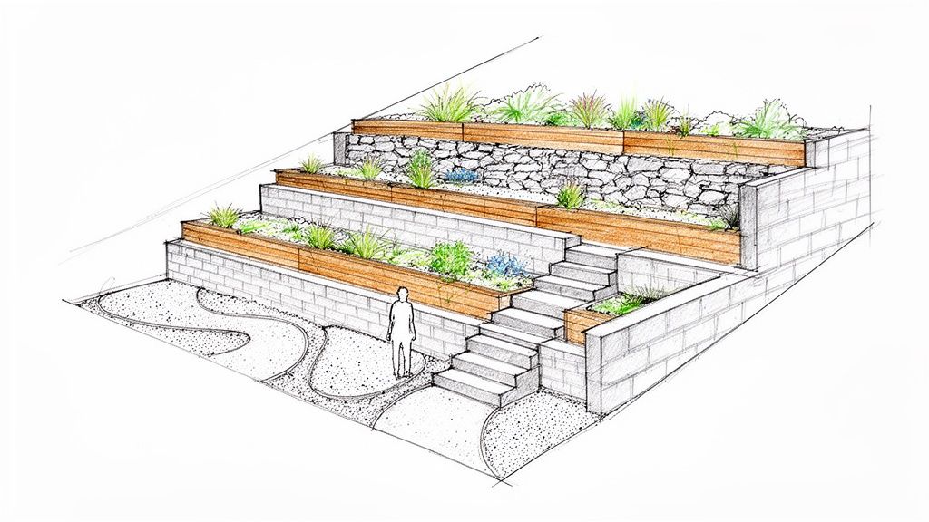 Detailed hand-drawn sketch of a multi-tiered garden landscape with stone walls, wooden planters, steps, and winding paths.