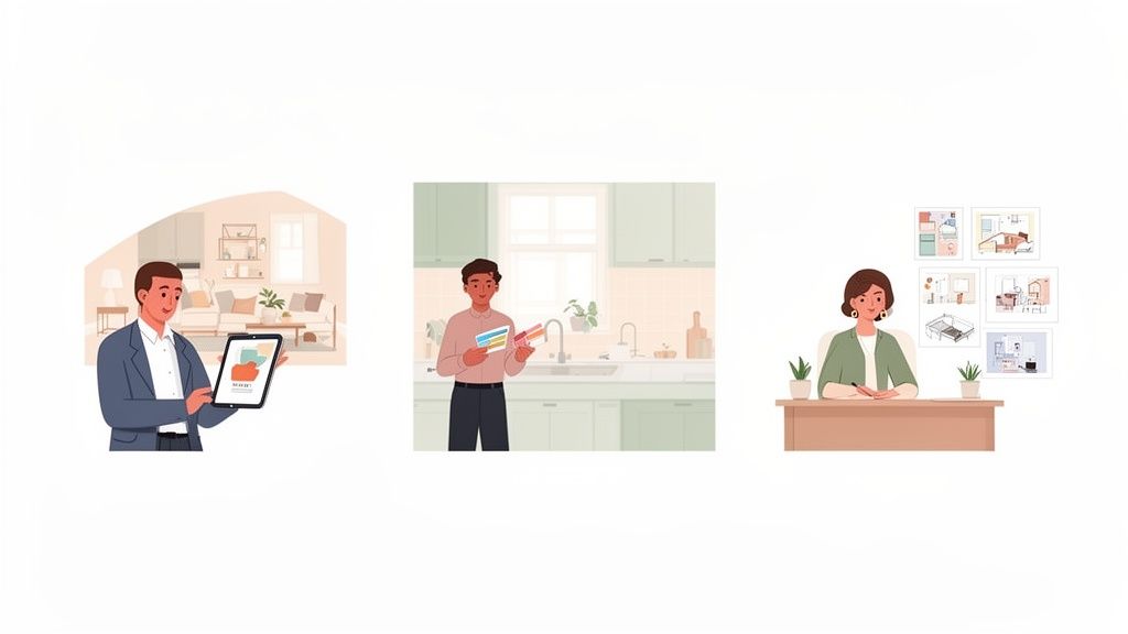 Three illustrations of interior designers working: one using a tablet, one with color swatches, and one sketching.